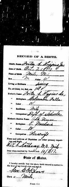 1917 record of birth for Foster L. Higgins Jr. in Milo, Maine