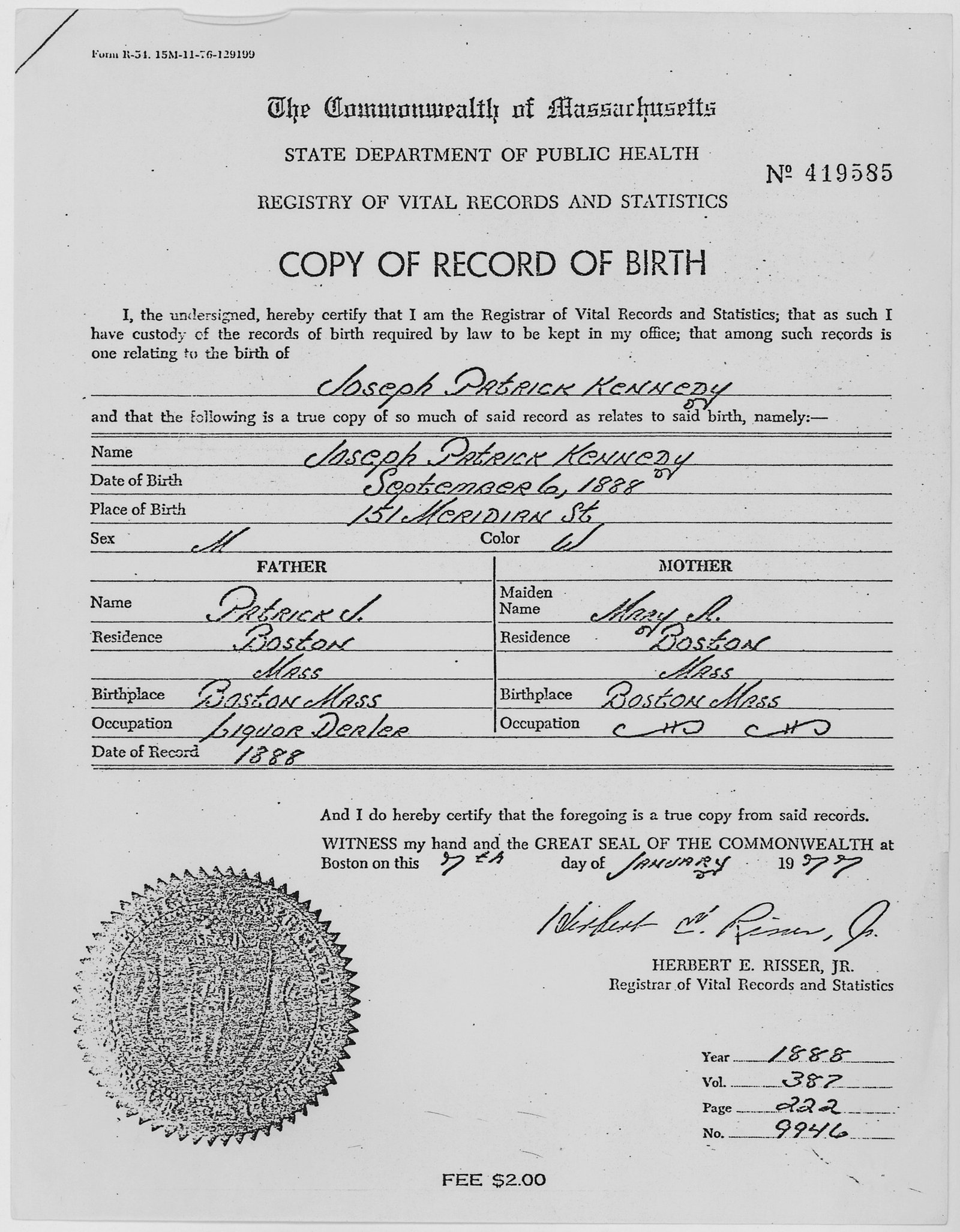 1977 Massachusetts extract of Joseph Patrick Kennedy's 1888 Boston birth