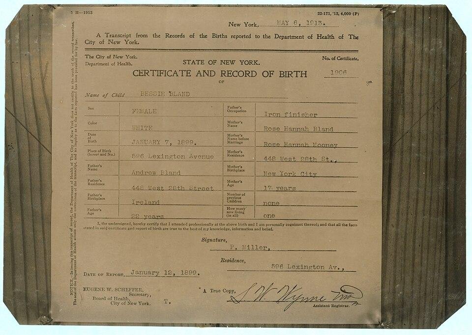 1913 photograph of a transcript of Bessie Bland's 1899 New York City birth