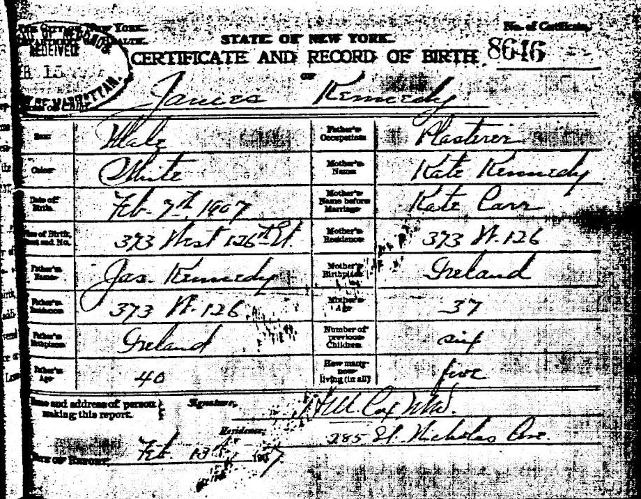 James Kennedy's 1907 New York City birth certificate with parental information