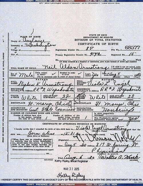 Neil Alden Armstrong's 1930 Ohio birth record reproduced on a copy certified in 2025