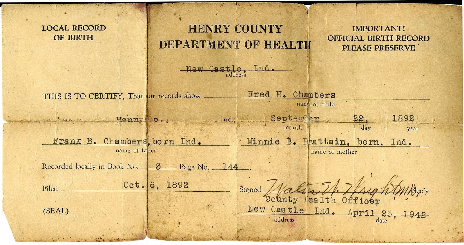 1942 extract of Fred H. Chambers' 1892 Indiana birth record