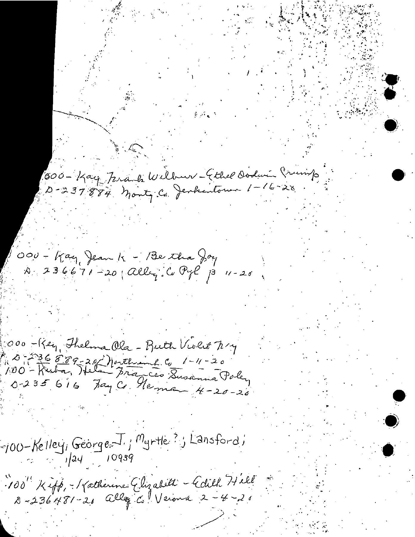 First page of Pennsylvania's 1920 K birth index with handwritten locator entries