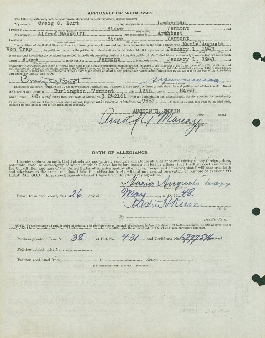 Reverse of Maria von Trapp's petition with witness affidavits, oath and granted notation