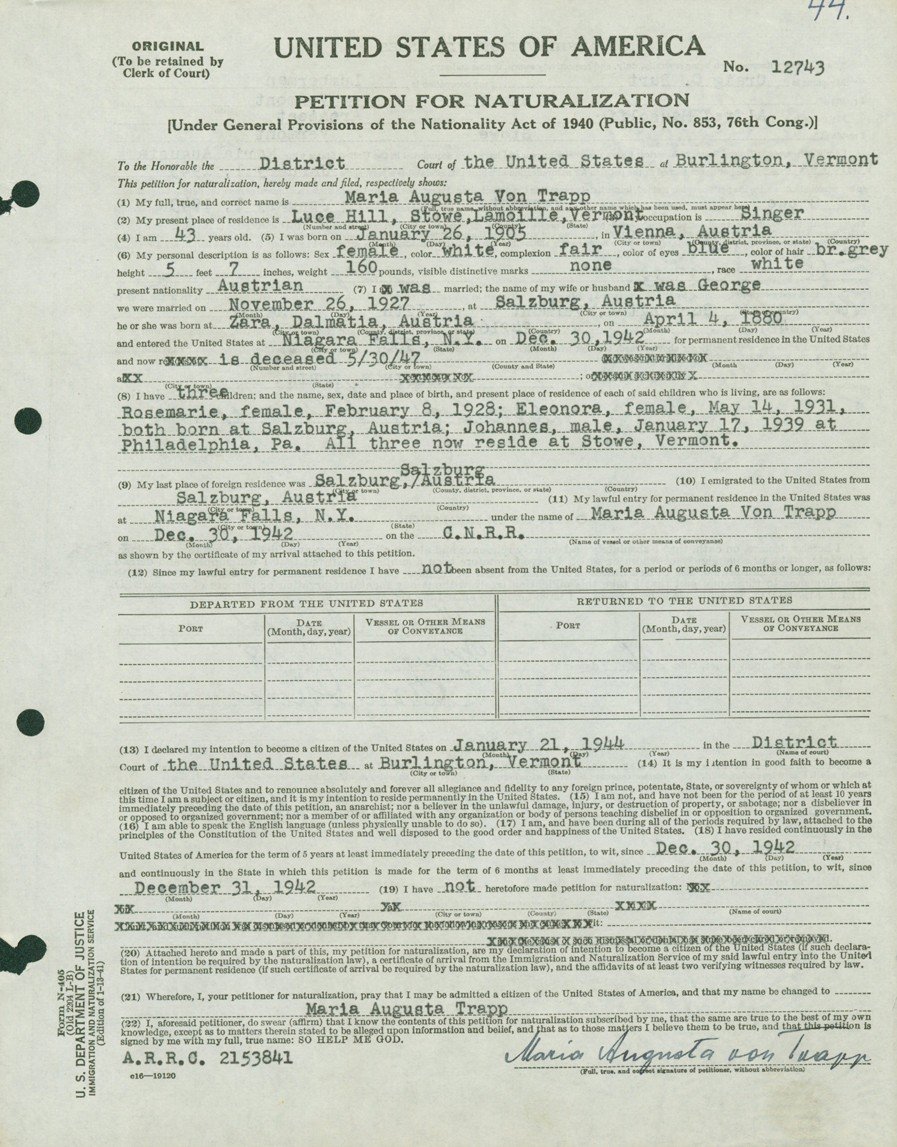 Maria Augusta von Trapp's petition for naturalization in the US District Court at Burlington, Vermont