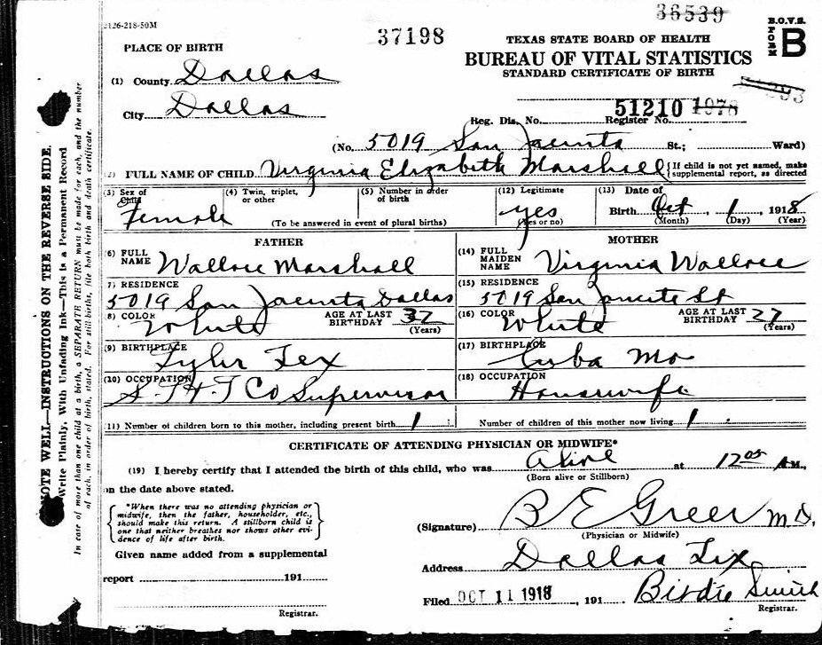 Virginia Elizabeth Marshall's 1918 Texas certificate showing parents, street address and filing date