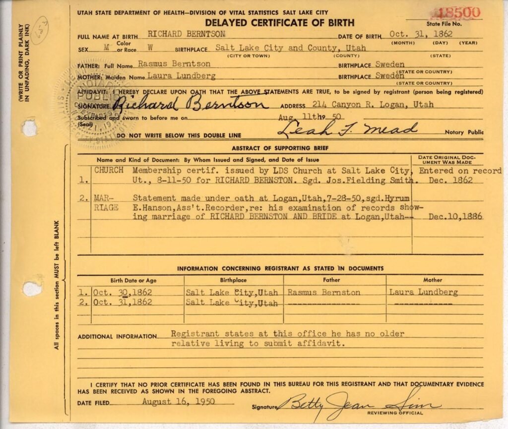 Richard Berntson's Utah delayed birth certificate, filed in 1950 for a birth in 1862, with supporting church and marriage evidence