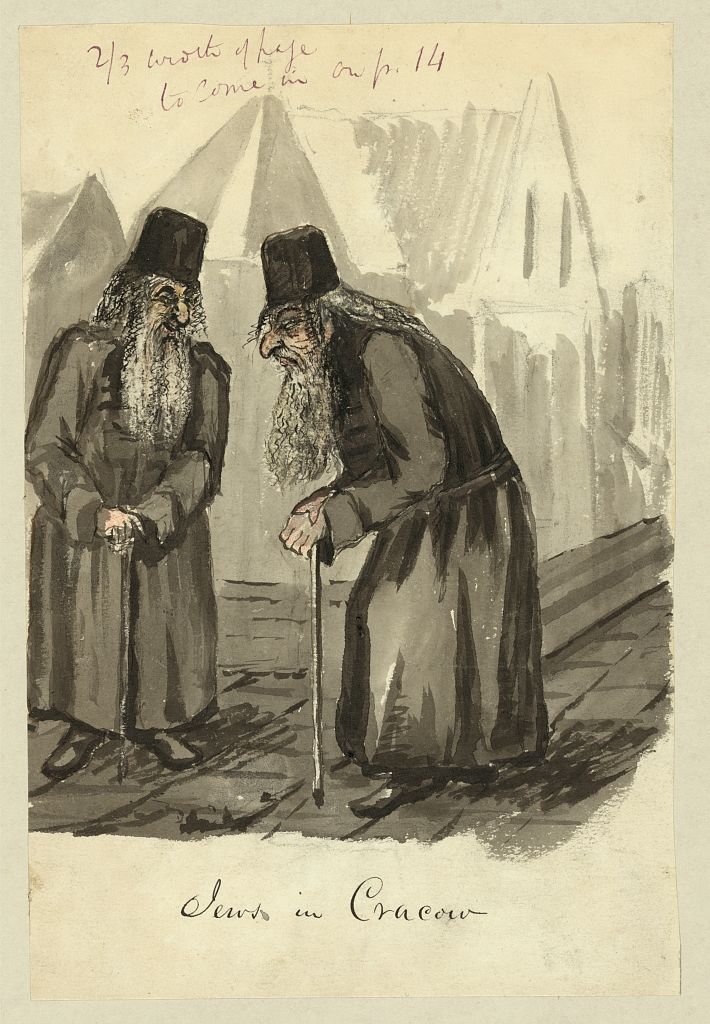 Historical drawing of two elderly Jewish men in Cracow, cataloged by the Library of Congress