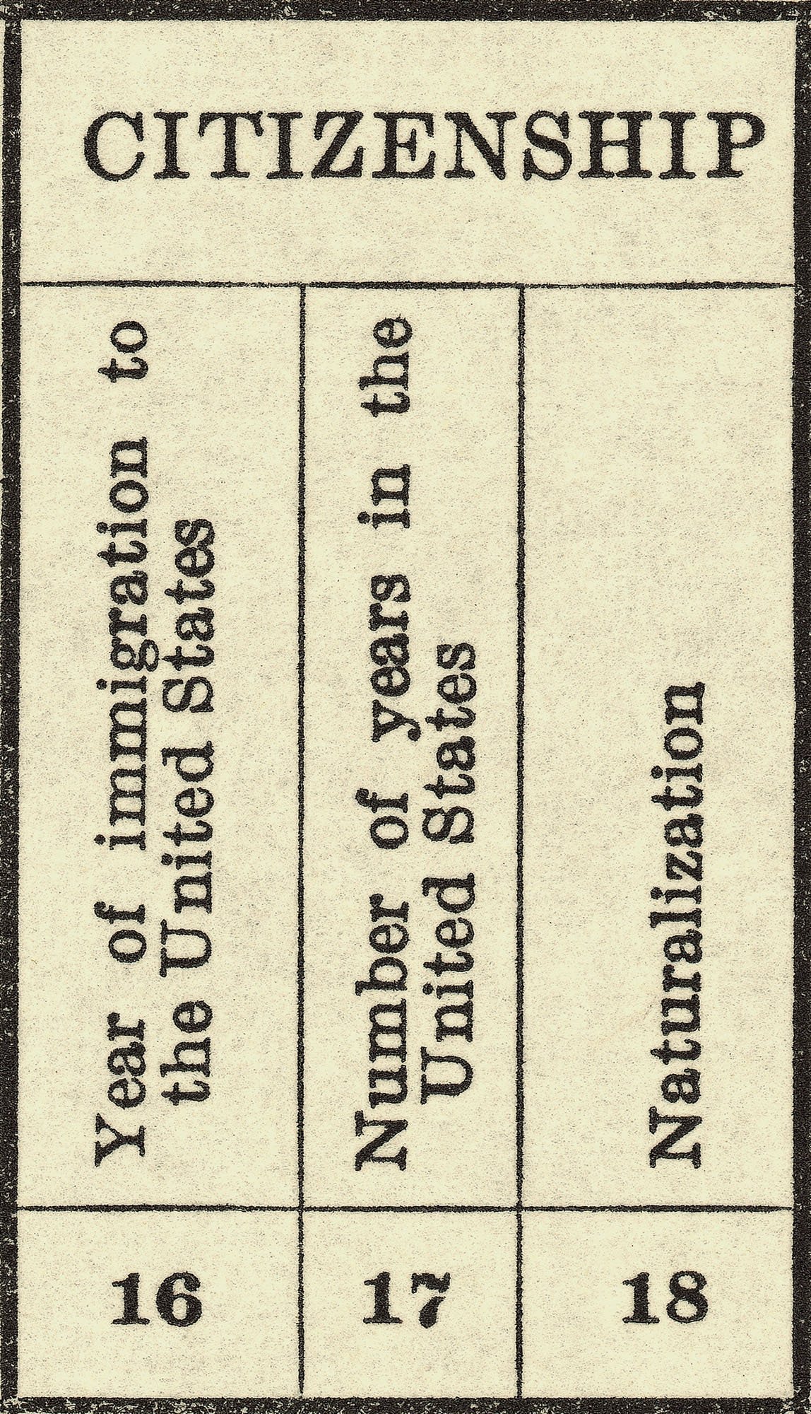 1900 census population schedule showing immigration year, years in the United States and naturalization columns