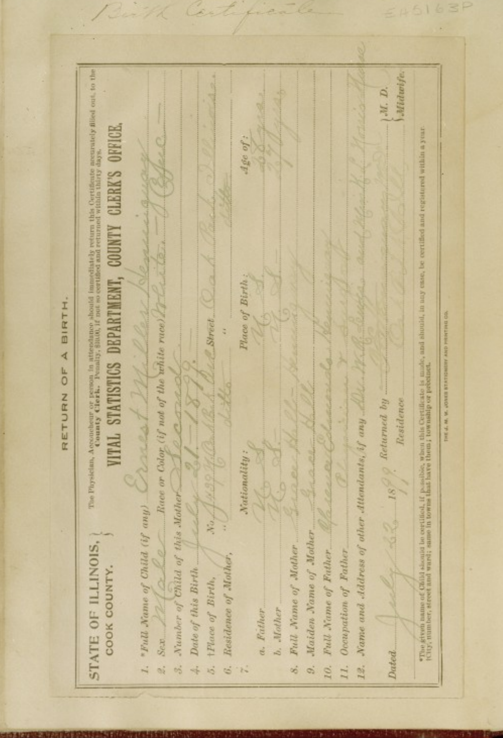 Cook County return of a birth for Ernest Miller Hemingway, Oak Park, 1899