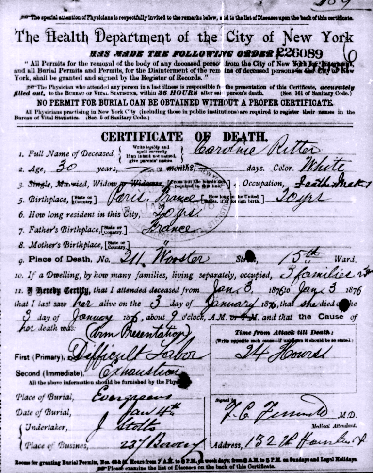New York City death certificate for Caroline Ritter, January 9, 1876
